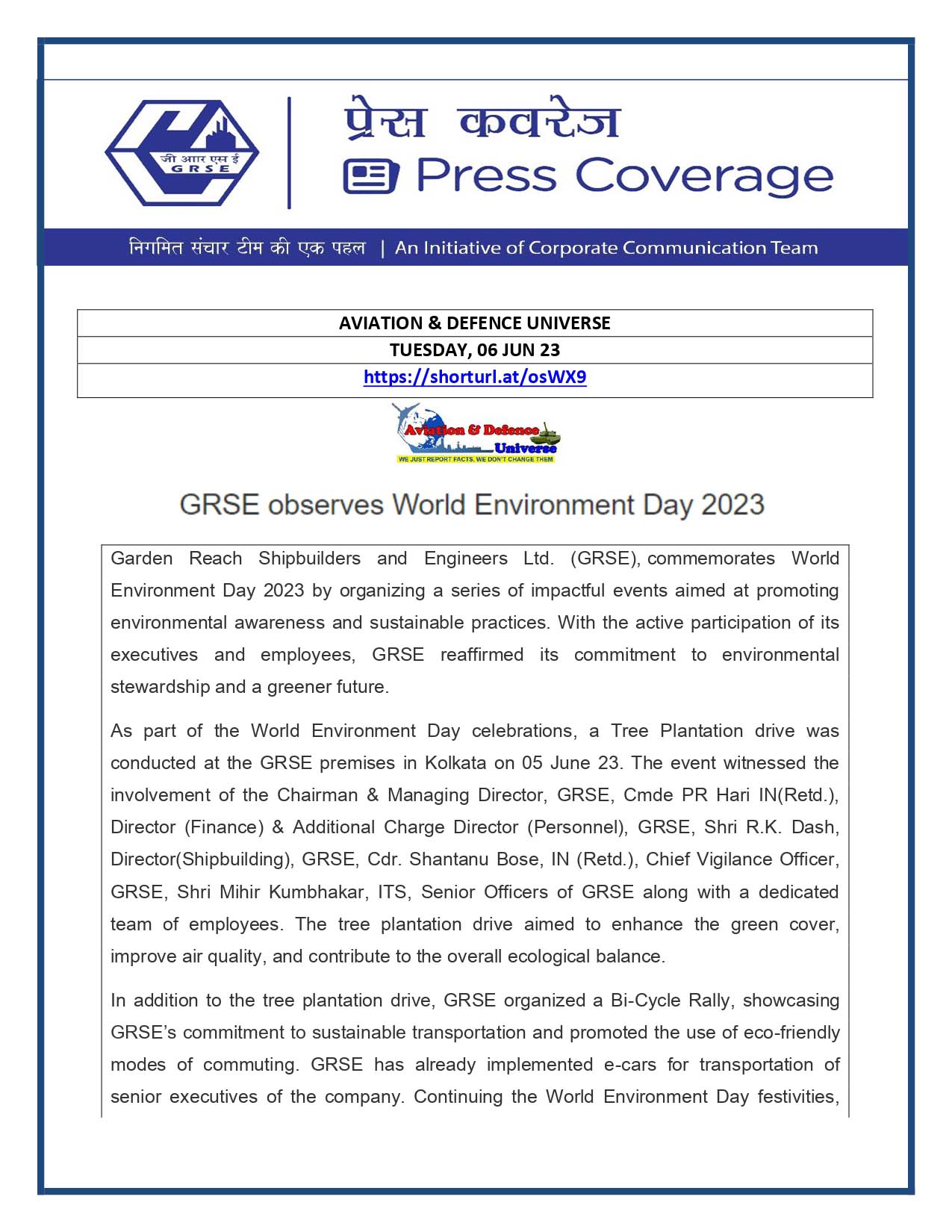 GRSE observes World Environment Day 2023